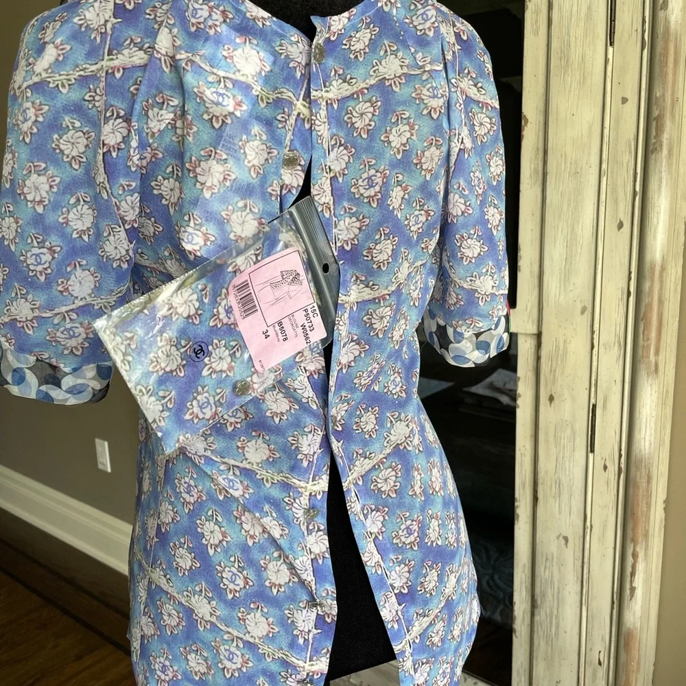 Chanel 15c silk blouse blue scarf logo shirt sz 34
